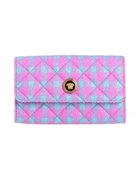 Versace Pink and Light Blue Quilted Checker Clutch with Gold Medusa Button